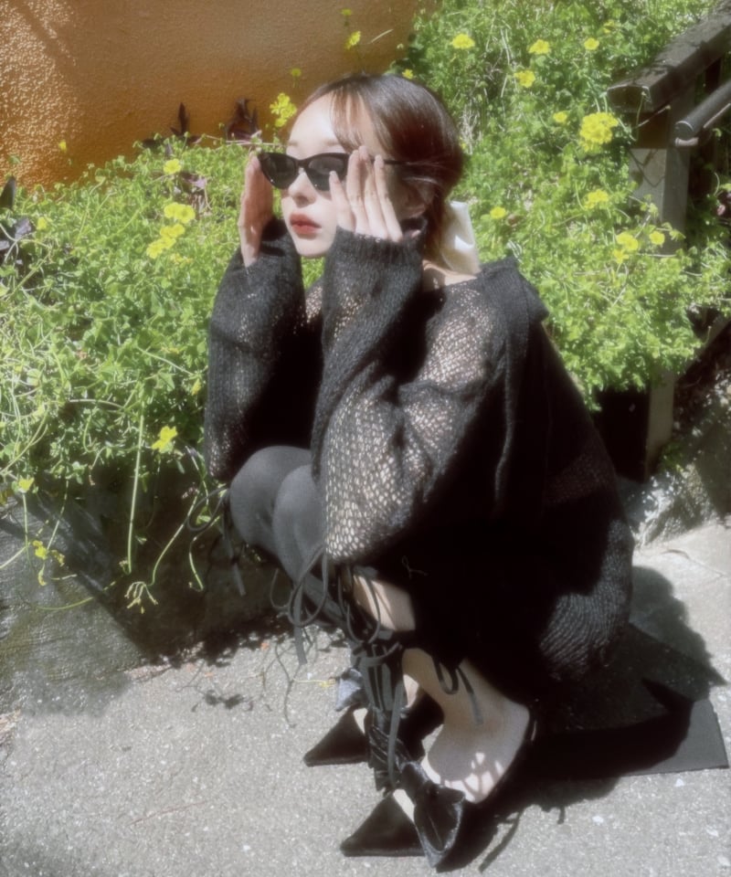 Black】ショルダーリボンモヘアニット/Shoulder Ribbon Mohair Kn
