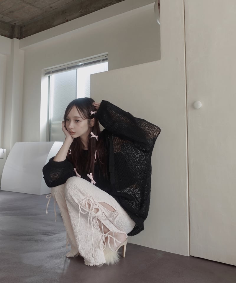 Black】ショルダーリボンモヘアニット/Shoulder Ribbon Mohair Kn
