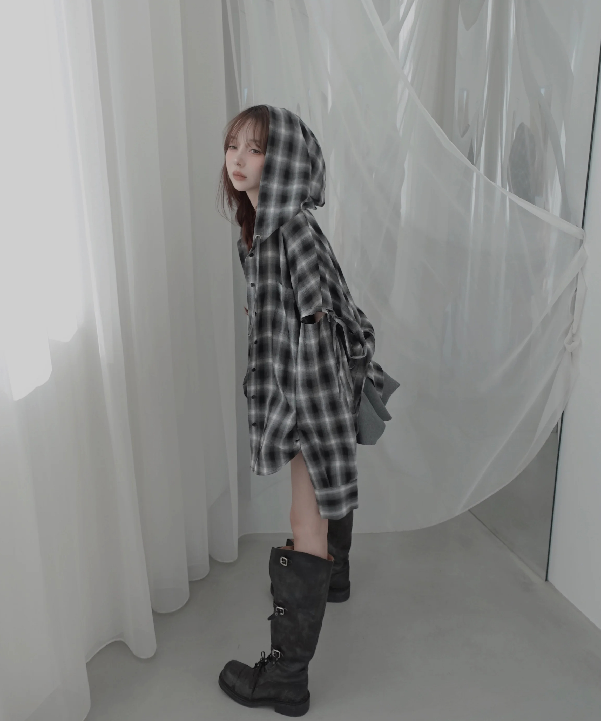 Check】サイドカットフードシャツ/Side Cutting Hooded Shirts