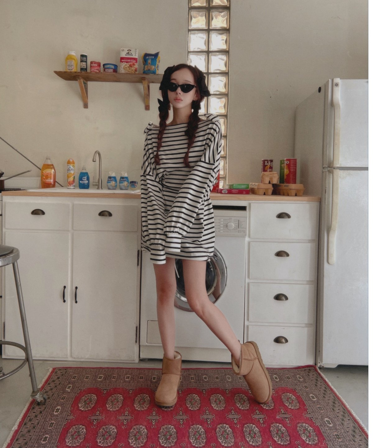 ショルダーリボンボーダーチュニックワンピース / Shoulder Ribbon Stripes Tunic One-Piece