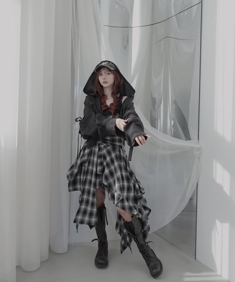 【Sheer Black】サイドカットフードシャツ/Side Cutting Hooded Shirts