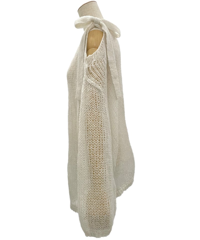 アンティーク　ラム　ホワイトモヘア　したペロ　シルクリボン IceWhite】ショルダーリボンモヘアニット/Shoulder Ribbon Mohair