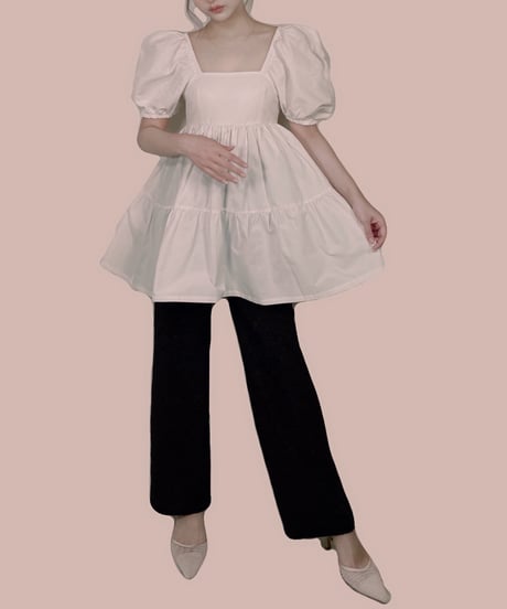 【ホワイト】パフスリーブチュニックワンピ Puff Sleeve Tunic One-Piece