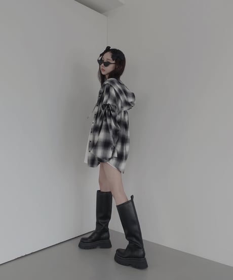 【Check】サイドカットフードシャツ/Side Cutting Hooded Shirts