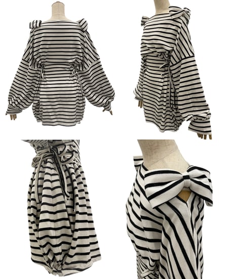 ショルダーリボンボーダーチュニックワンピース / Shoulder Ribbon Stripes Tunic One-Piece