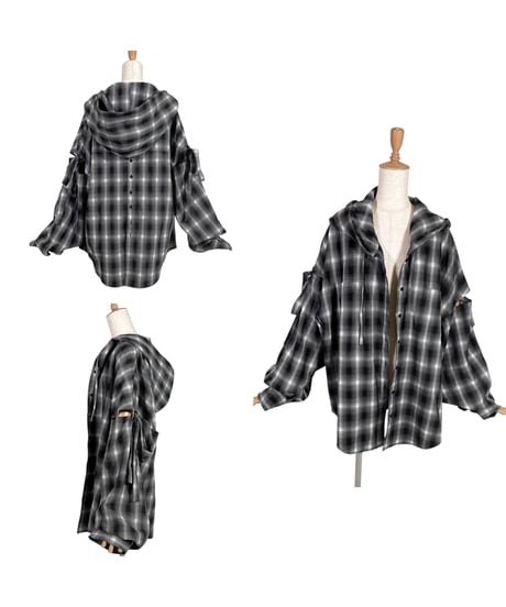 【Check】サイドカットフードシャツ/Side Cutting Hooded Shirts