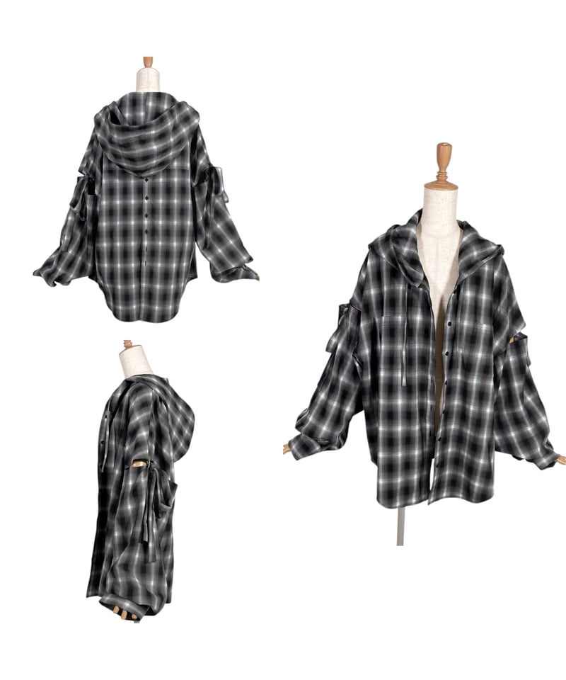 Check】サイドカットフードシャツ/Side Cutting Hooded Shirts