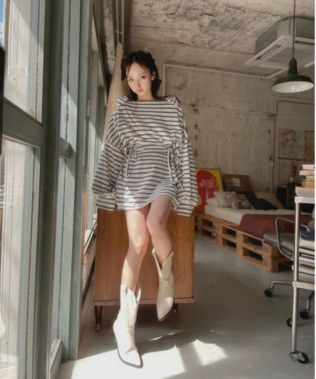 ショルダーリボンボーダーチュニックワンピース / Shoulder Ribbon Stripes Tunic One-Piece