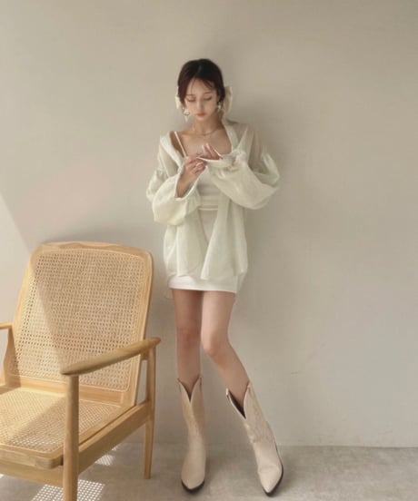 バックオープンシアーシャツ + ミニリブワンピ/Back Open Sheer Shirts + mini cami One-piece