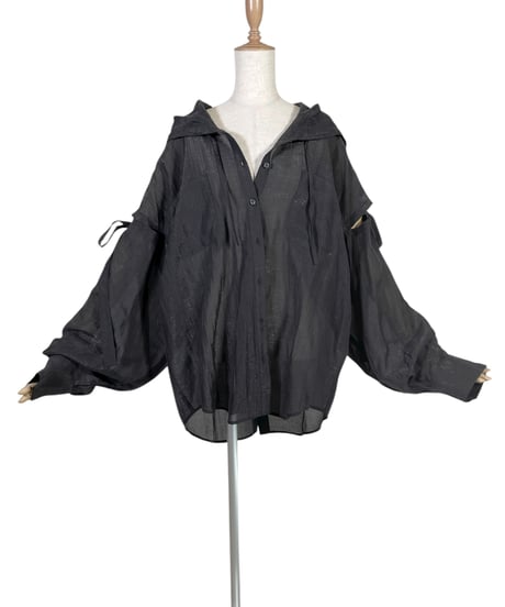 【Sheer Black】サイドカットフードシャツ/Side Cutting Hooded Shirts