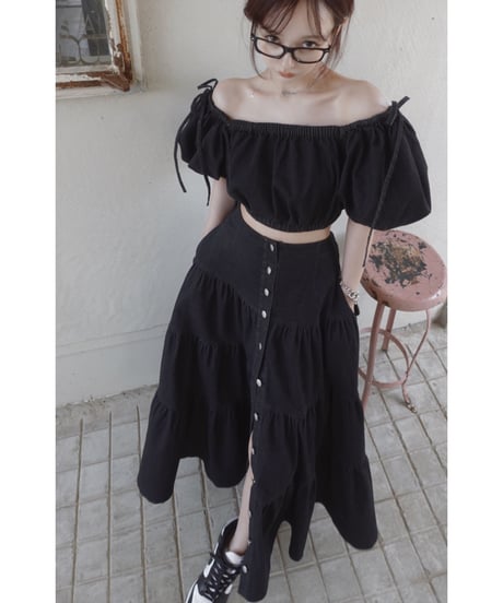 バックリボンデニムティアードスカート / Back Ribbon Denim Tiered Skirt
