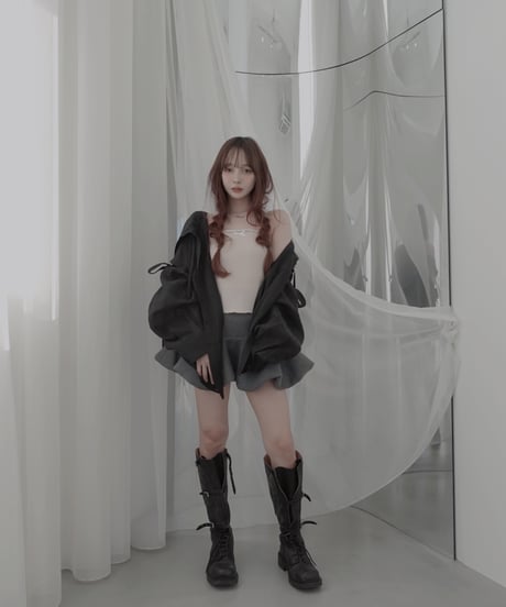 【Sheer Black】サイドカットフードシャツ/Side Cutting Hooded Shirts