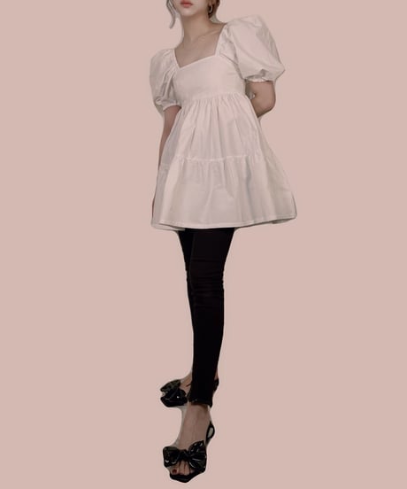 【ホワイト】パフスリーブチュニックワンピ Puff Sleeve Tunic One-Piece