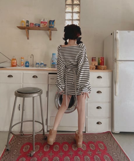 ショルダーリボンボーダーチュニックワンピース / Shoulder Ribbon Stripes Tunic One-Piece