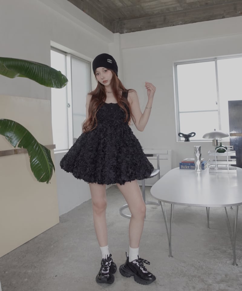 Black】ブルームペタルチュニックドレス/Bloom Petal Tunic Dress