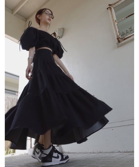 バックリボンデニムティアードスカート / Back Ribbon Denim Tiered Skirt
