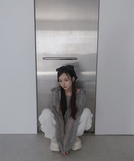 【Gray】ショルダーリボンモヘアニット/Shoulder Ribbon Mohair Knit