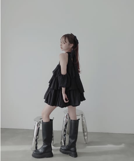 【Black】ティアードバルーンチュニックワンピース / Tiered Balloon Tunic One-Piece