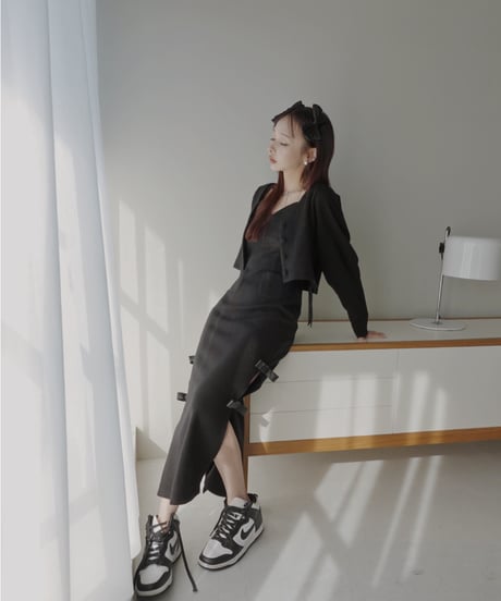 レザーリボンスリットワンピース / Faux Leather ribbon Slit One-Piece