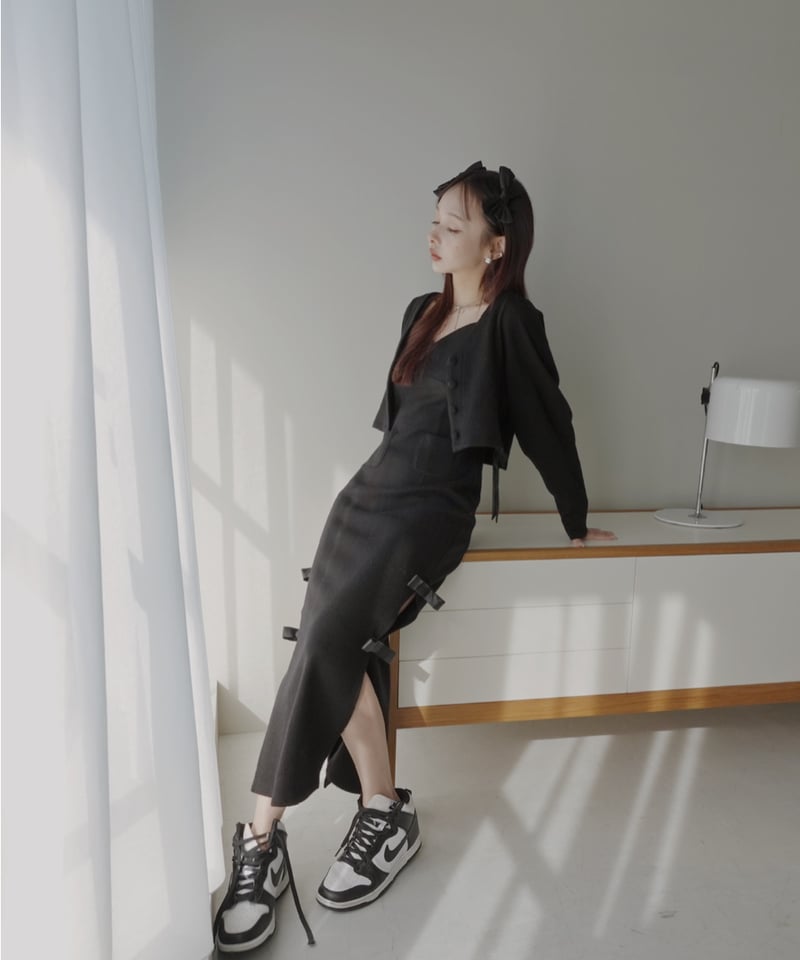 レザーリボンスリットワンピース / Faux Leather ribbon Slit