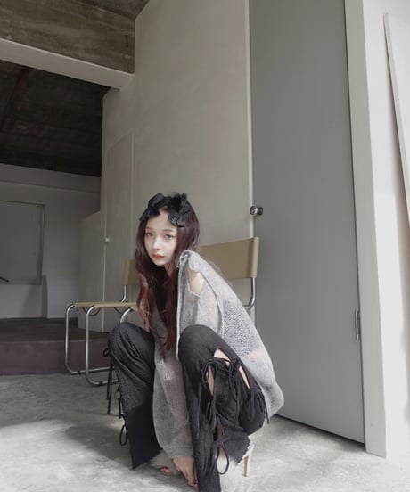 【Gray】ショルダーリボンモヘアニット/Shoulder Ribbon Mohair Knit