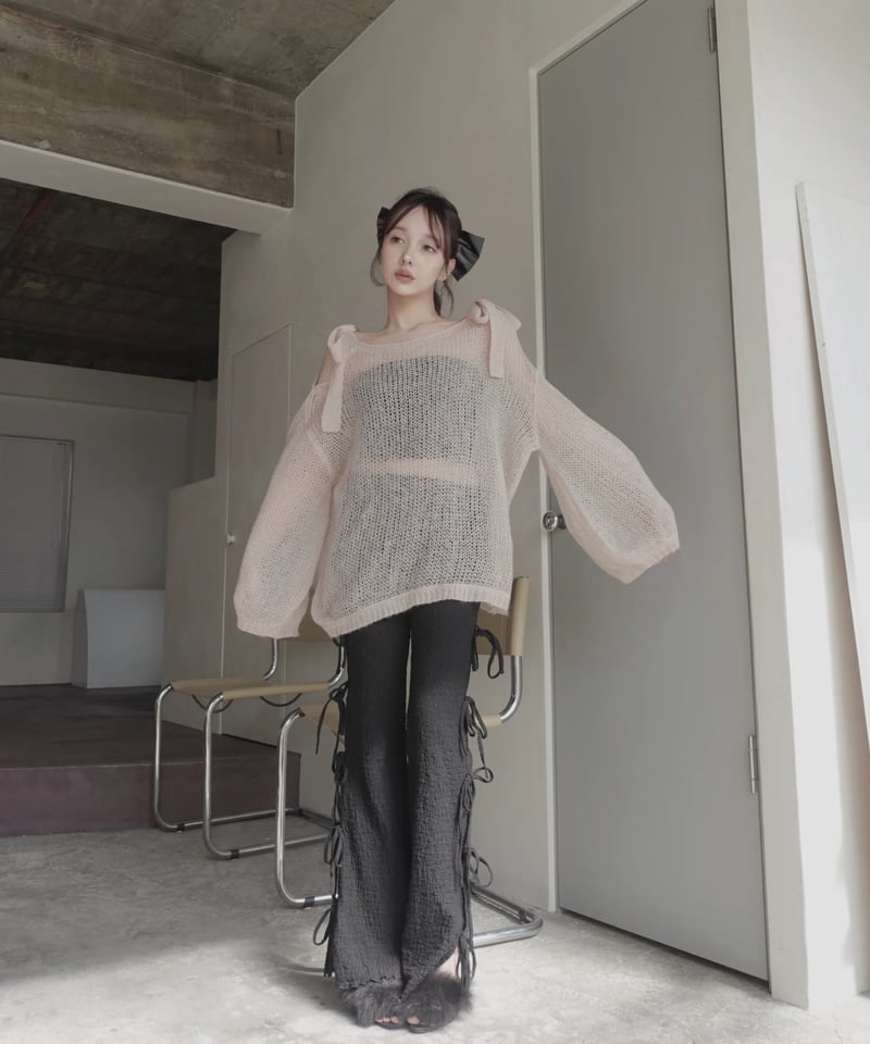 fiction tokyo ショルダーリボンモヘアニット BabyPink】ショルダーリボンモヘアニット/Shoulder Ribbon Mohair