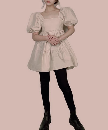 【ベージュ】パフスリーブチュニックワンピ Puff Sleeve Tunic One-Piece