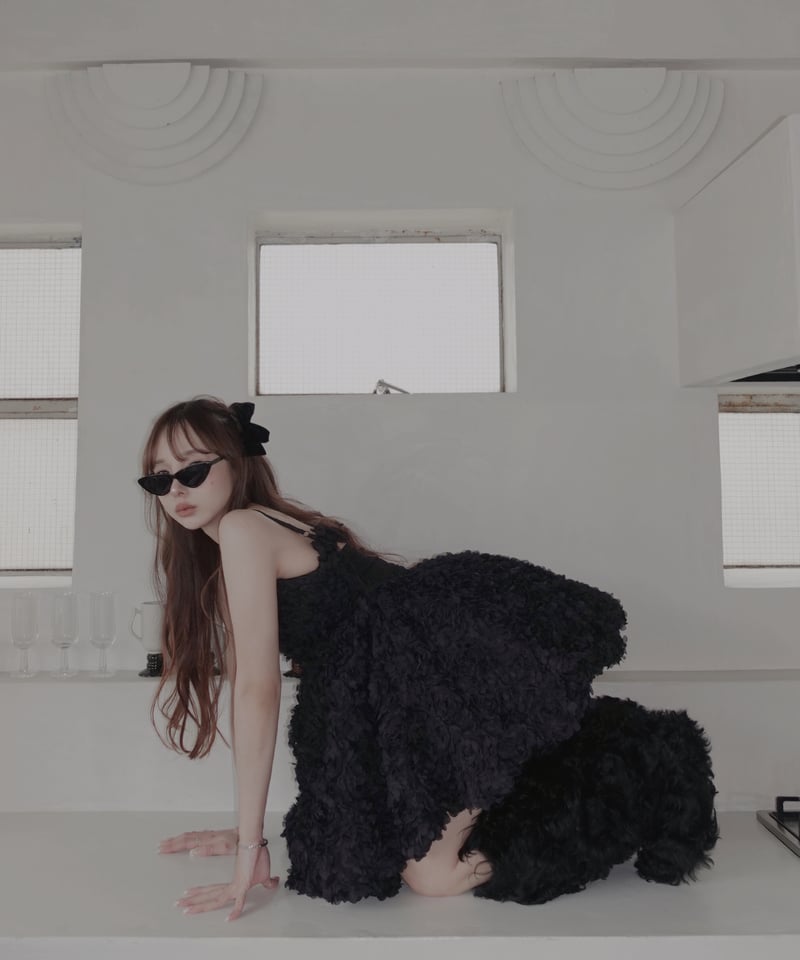 Black】ブルームペタルチュニックドレス/Bloom Petal Tunic Dress