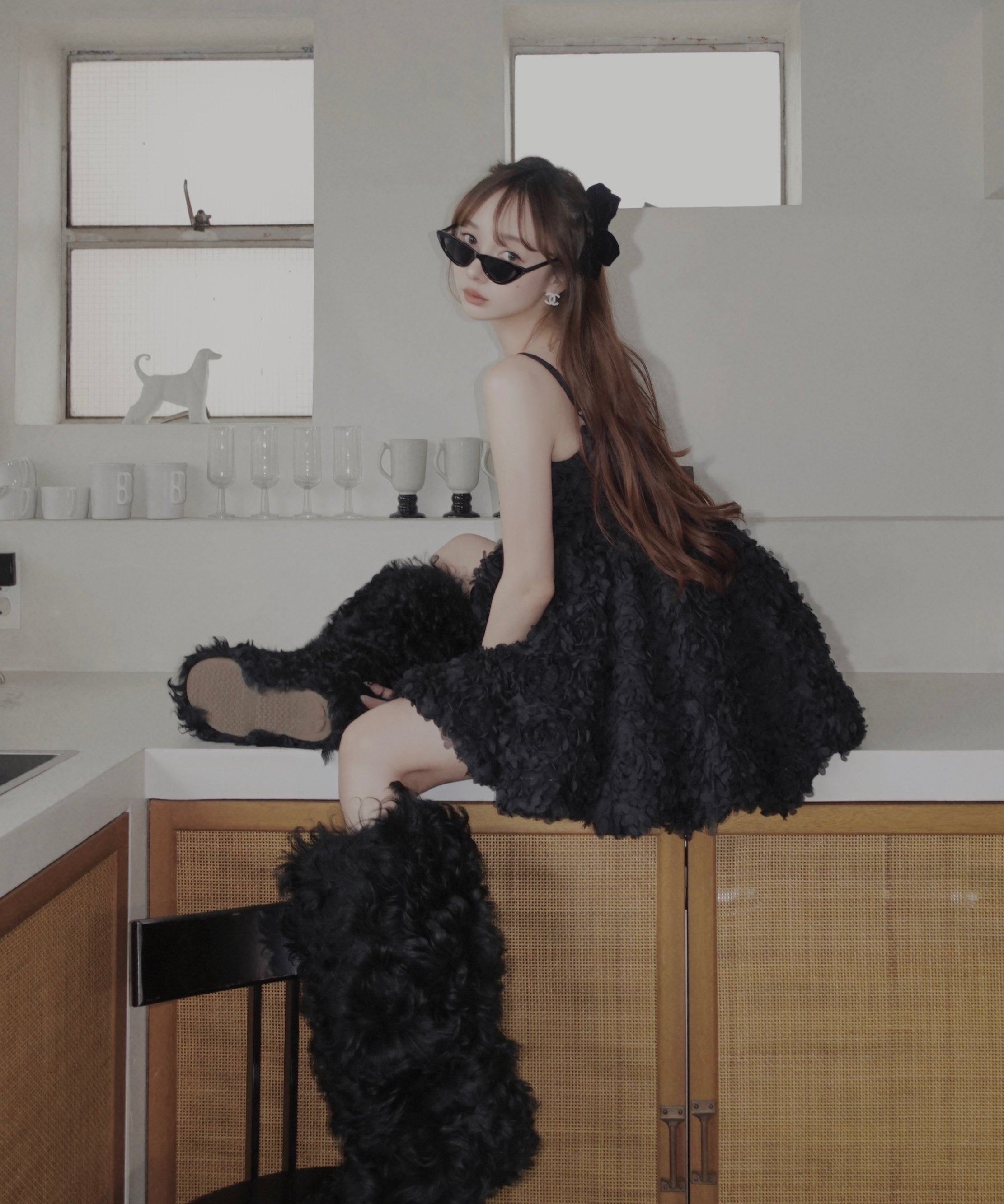 Black】ブルームペタルチュニックドレス/Bloom Petal Tunic Dress