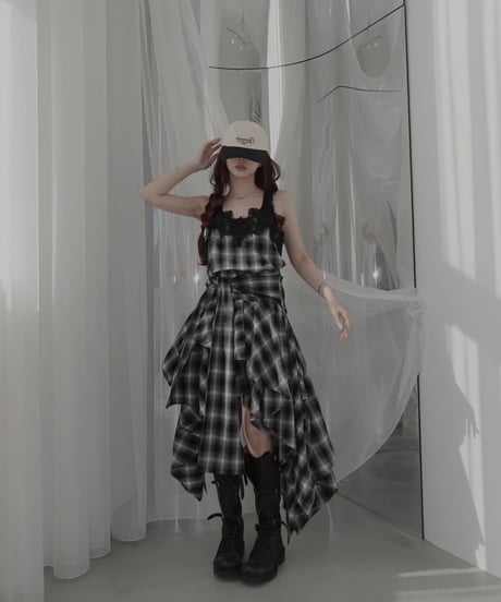 【Black】レイヤードチェックワンピース / Layered Check Dress