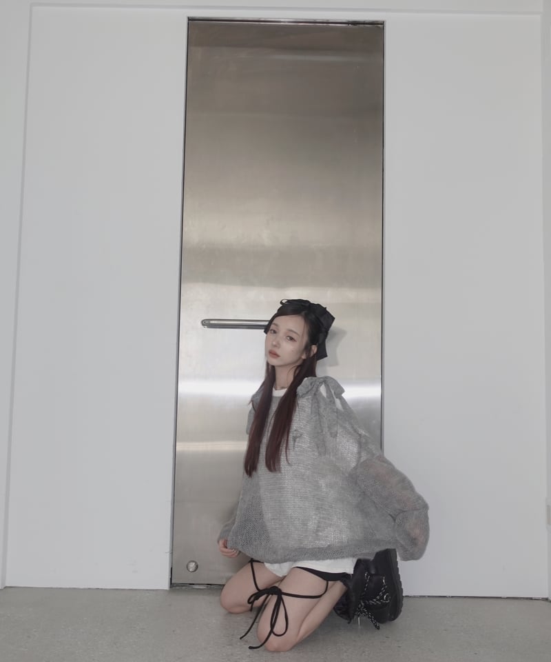 Gray】ショルダーリボンモヘアニット/Shoulder Ribbon Mohair Kni