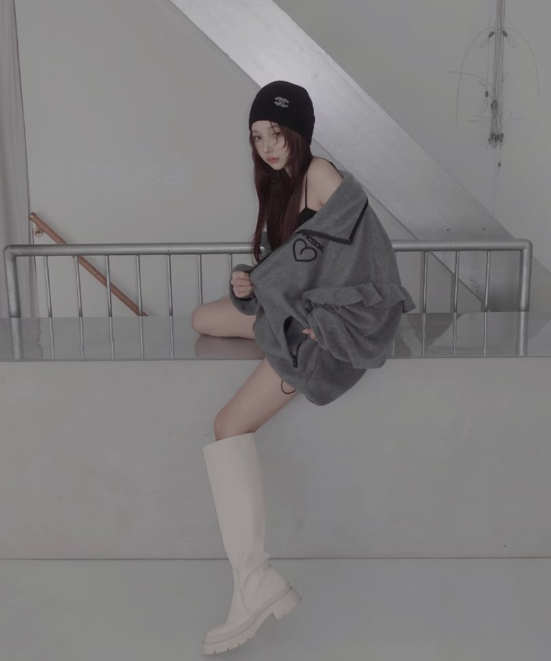 Gray】ダブルジップフリルフリース /Double Zip Frill Fleece |