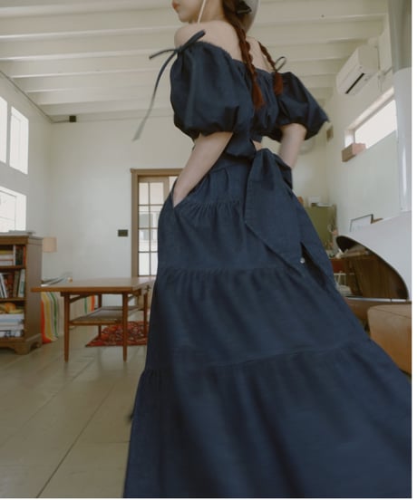 バックリボンデニムティアードスカート / Back Ribbon Denim Tiered Skirt