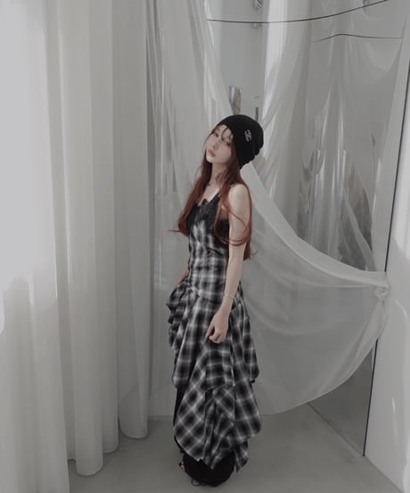 【Black】レイヤードチェックワンピース / Layered Check Dress