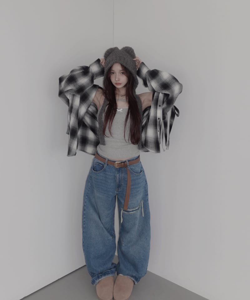 Check】サイドカットフードシャツ/Side Cutting Hooded Shirts