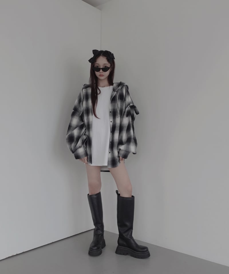 Check】サイドカットフードシャツ/Side Cutting Hooded Shirts  
