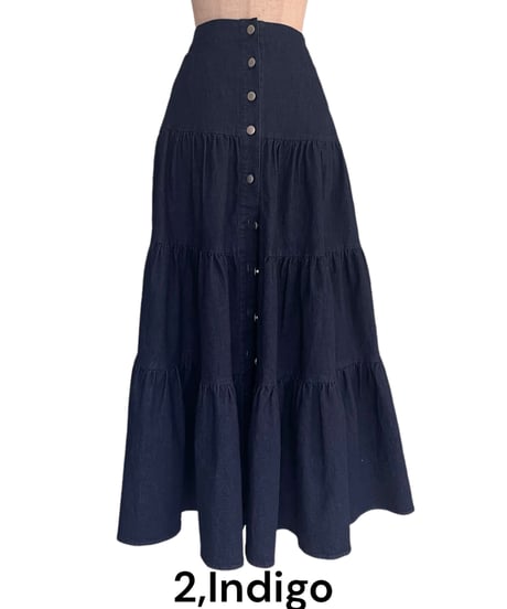 バックリボンデニムティアードスカート / Back Ribbon Denim Tiered Skirt