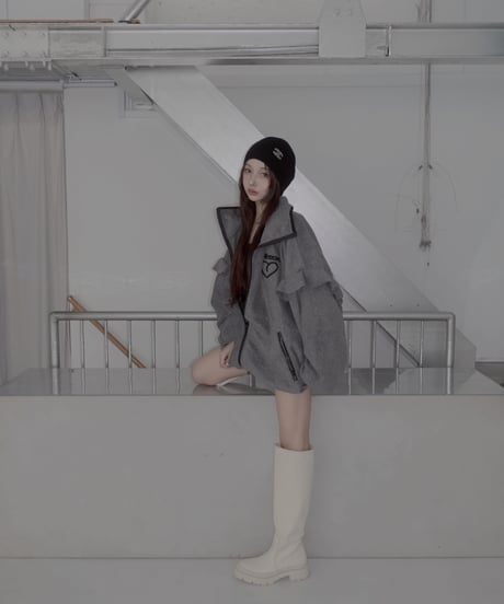 【Gray】ダブルジップフリルフリース /Double Zip Frill Fleece