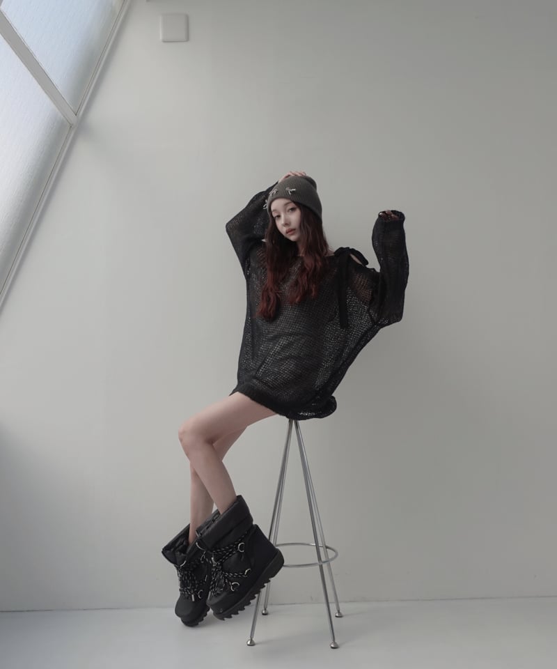 Black】ショルダーリボンモヘアニット/Shoulder Ribbon Mohair Kn