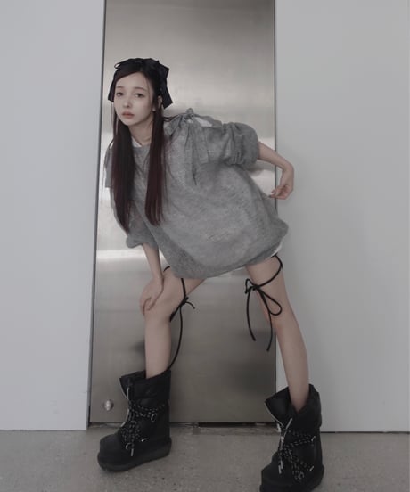 【Gray】ショルダーリボンモヘアニット/Shoulder Ribbon Mohair Knit