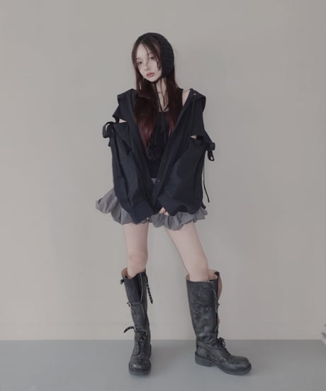 【Black】サイドカットフードシャツ/Side Cutting Hooded Shirts
