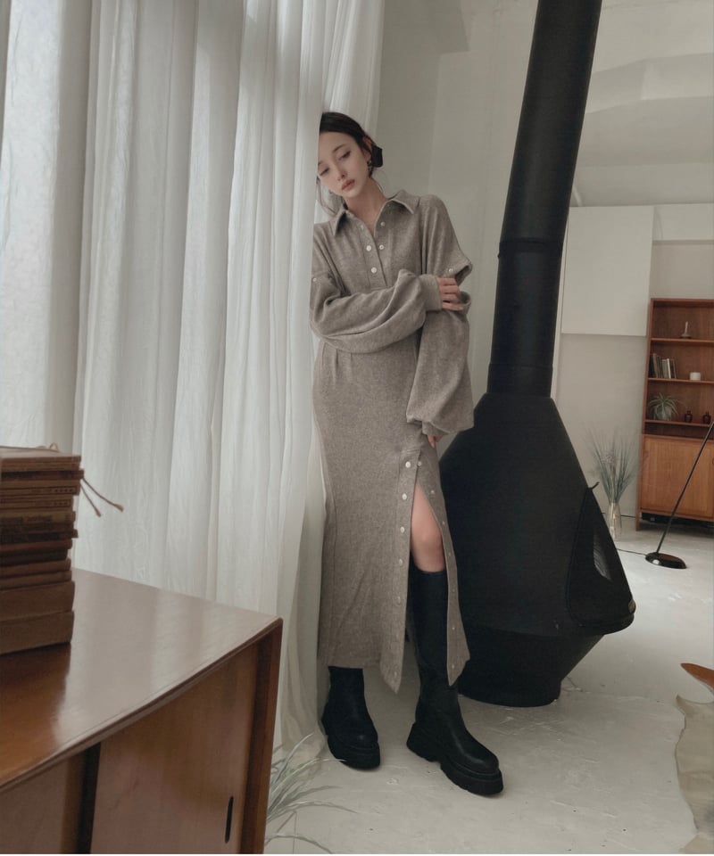 fictiontokyo スナップスリットワンピース Almond Gray スナップスリットワンピース / Metal Snaps Slit One-Piece | FI