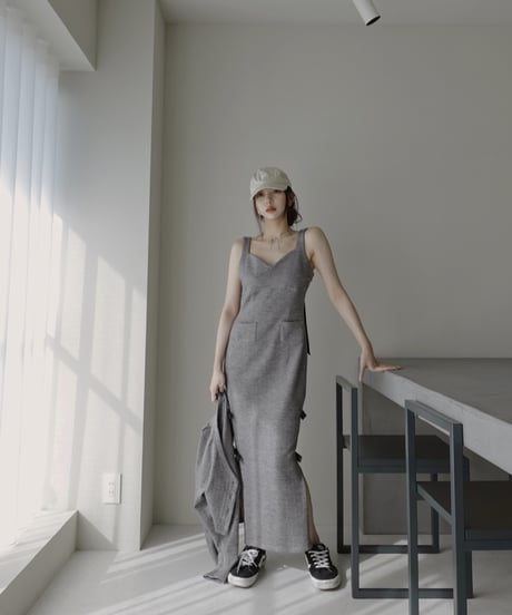レザーリボンスリットワンピース / Faux Leather ribbon Slit One-Piece