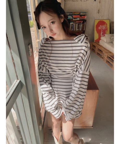 ショルダーリボンボーダーチュニックワンピース / Shoulder Ribbon Stripes Tunic One-Piece
