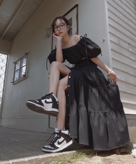 バックリボンデニムティアードスカート / Back Ribbon Denim Tiered Skirt