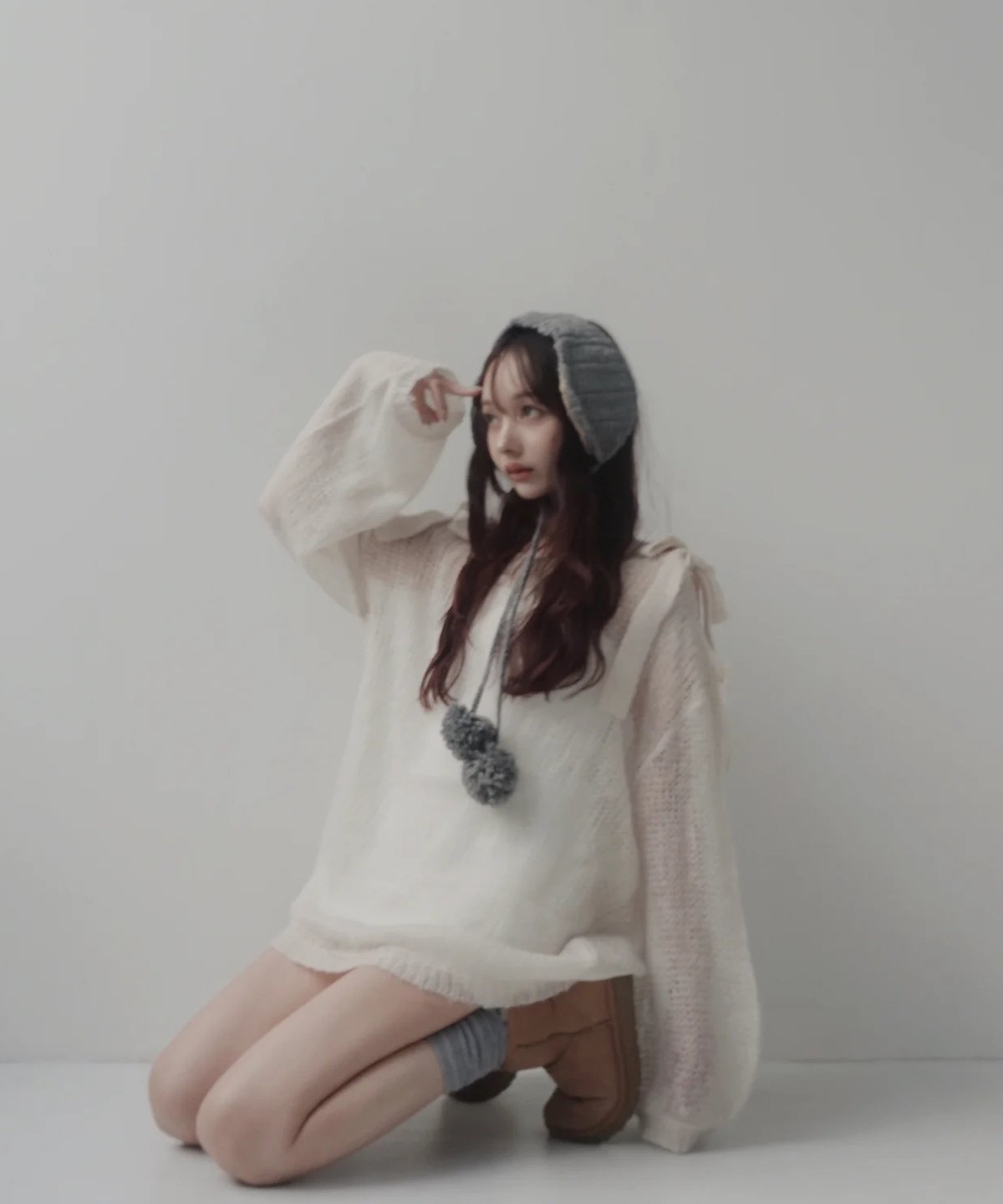 IceWhite】ショルダーリボンモヘアニット/Shoulder Ribbon Mohair