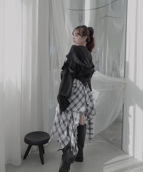 【Sheer Black】サイドカットフードシャツ/Side Cutting Hooded Shirts