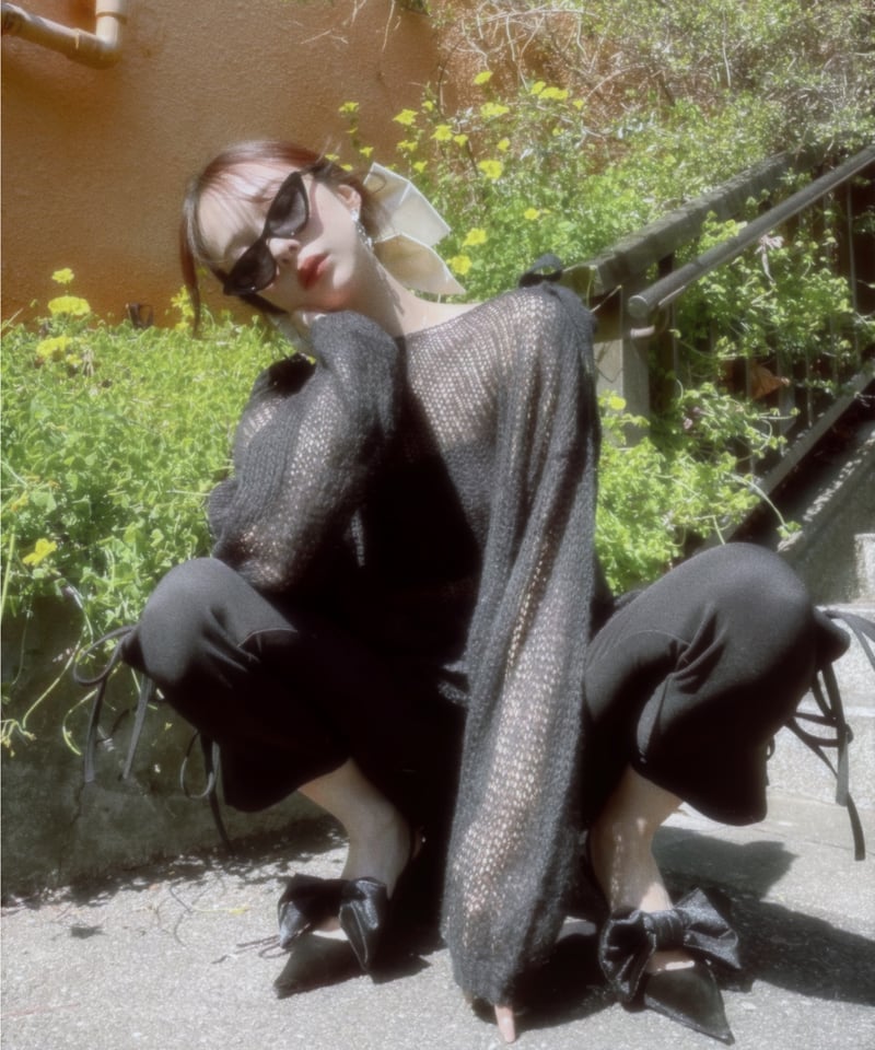 Black】ショルダーリボンモヘアニット/Shoulder Ribbon Mohair Kn