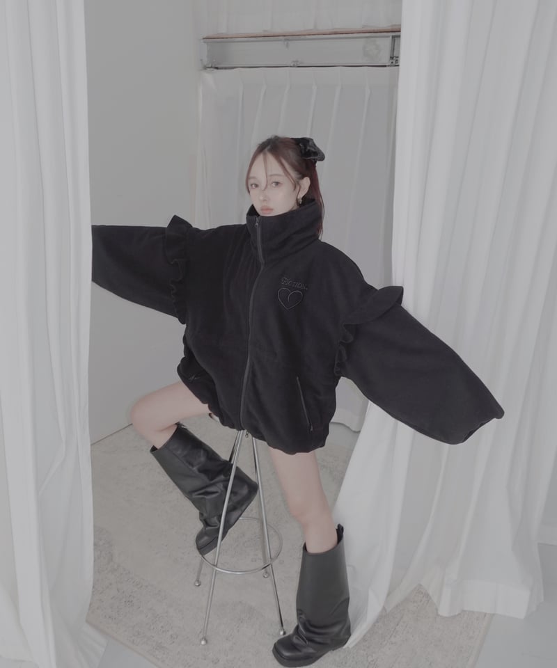 Black】ダブルジップフリルフリース /Double Zip Frill Fleece |