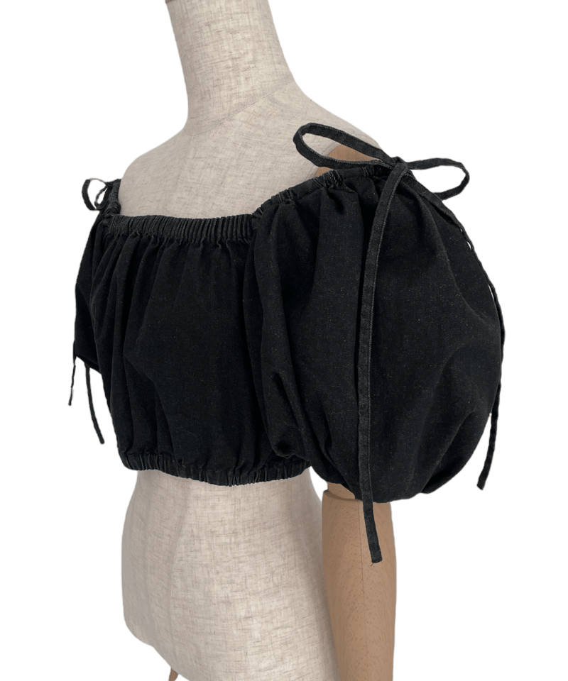 DENIM LIKE BALLOON SLEEVE CUT TOP ブラック バルーンスリーブデニムトップ / Ballon Sleeve Denim Top | FICT